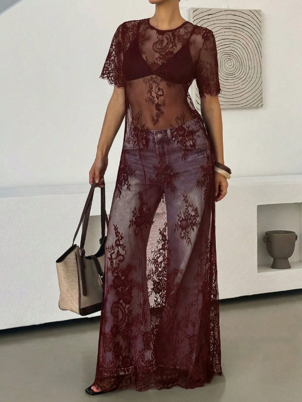 Burgundy Elegant Women's Sexy Sheer Lace Dress